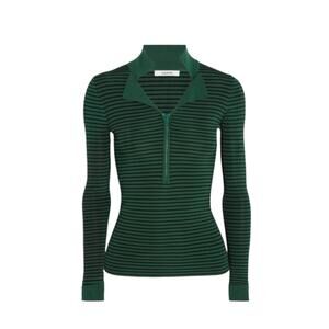 Ganni Evangel Striped Ribbed Stretch-Knit Long Sleeve Verdant Green Top, Size XS